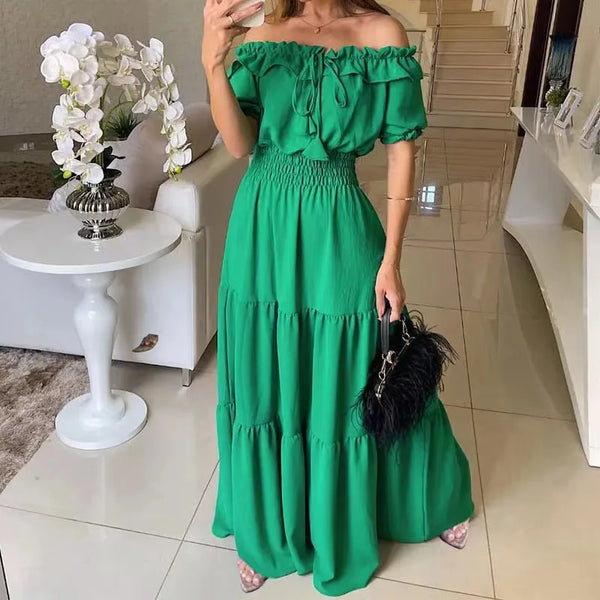 Bohemia Green Maxi Fashion Short Sleeve Beach Holiday Long  Casual Loose Elegant Party Dress