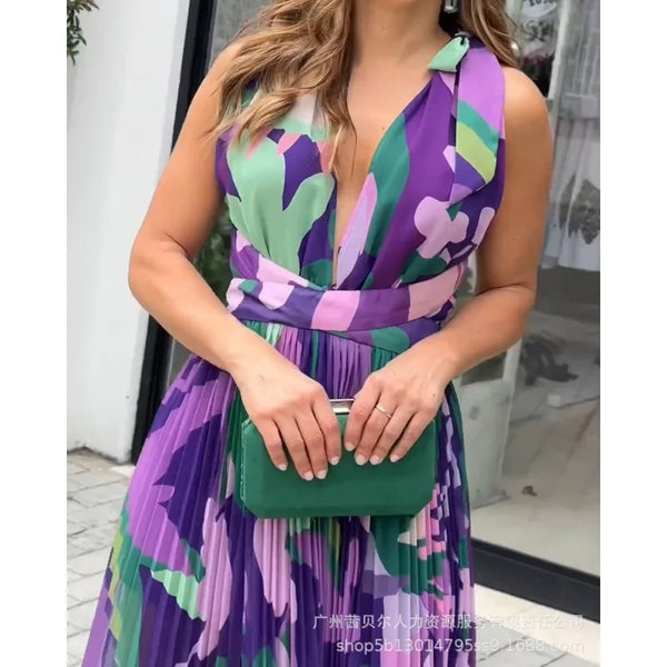 Summer Autumn Floral Print Pleated Slit Dress Women's Fashion Backless Sleeveless V-neck High Waist Dress