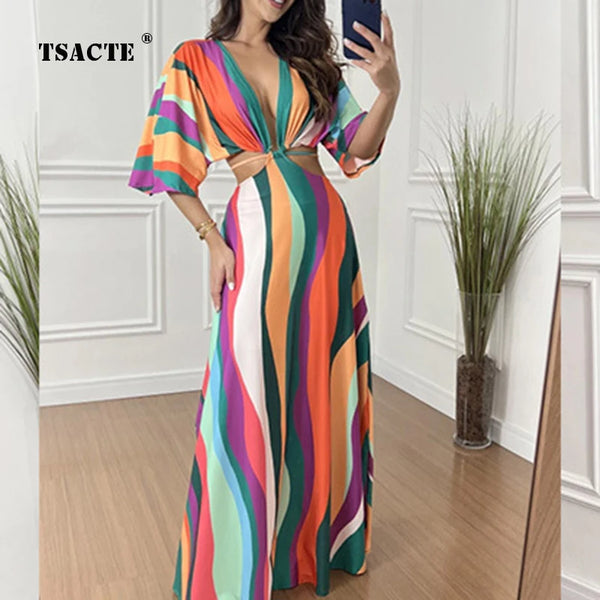 Fresh Sweet Sexy V-neck Printed Color Block Fashion Five-inch Bat Sleeves Open Waist Tie Long Dress