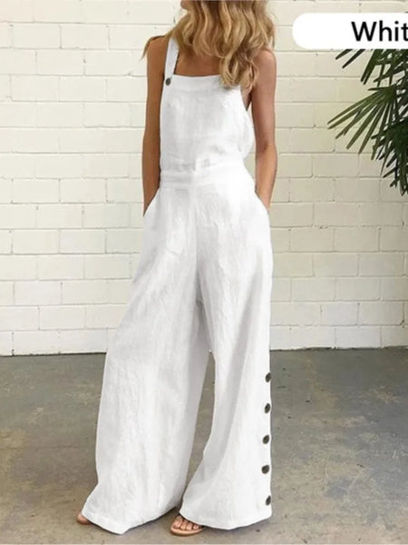 Summer Fashion Women Sleeveless Loose Jumpsuit Solid Pockets Wide Leg Pants Long Trousers Suspenders Street Leisure