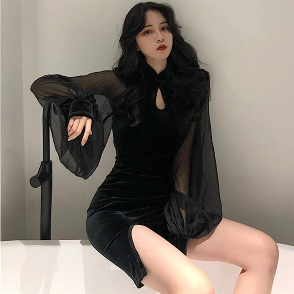 Women's Cheongsam Qipao Dress  Velvet Side Split Lantern Sleeve Slim Fit Long Sleeve Mandarin Collar Mini Dress