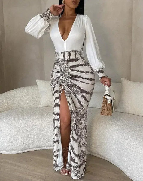 Tie Dye Print Plunge High Slit Drawstring Maxi Long Loose Deep V Neck Sexy High Waist Dress