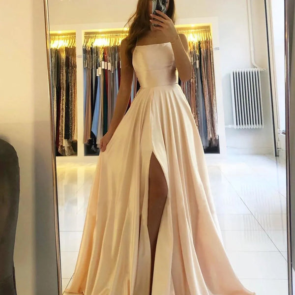 Prom Dress Spandex satin Slit Side Dress A-LINE Scoop Stretch Slip Satin High Split Long Simple Evening Party