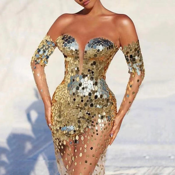 Sexy Sequin Mesh See Through Off Shoulder Tassel Gold Long Evening Dress