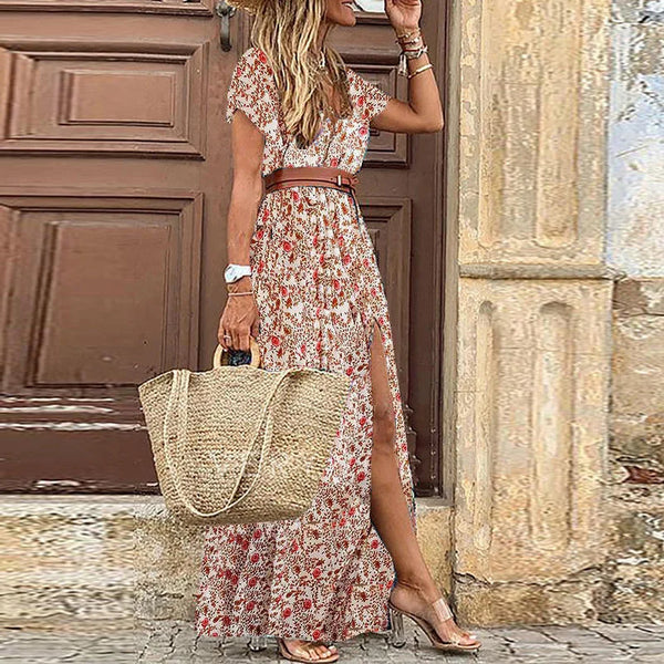 Long Dress Short Sleeve Belt Color Printed V-neck Slit Robe Dress Casual Commuting Vacation