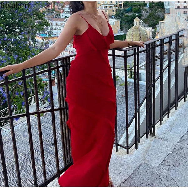 Women's Ruffles Chiffon Maxi Dress Backless Split Sexy Prom Red Long Wedding Party Dress Elegant