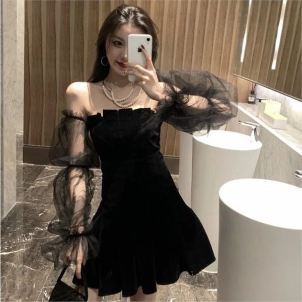 Black Retro Bubble Sleeve Black Skirt Strapless Waisted Puffy Dress Women's Korean Fashion Dress