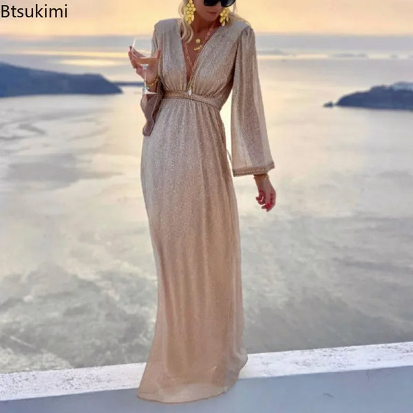 Women's Sexy Evening Dresses Deep V-neck Gold Elegant Wedding Party Long Formal Prom Party Gowns