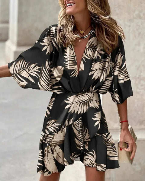 Bat Sleeves Sexy V-Neck Hem Irregular Printed Fashion Loose 5/4 Sleeve Mini Dress