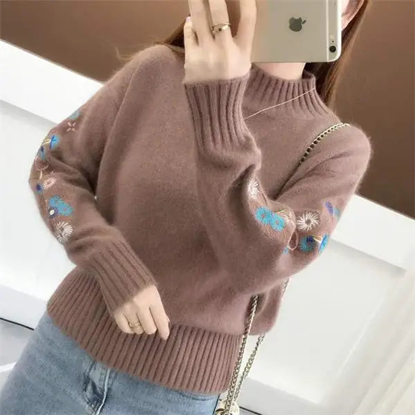 Women Knitted Sweater Floral Embroidery Thick Sweater Pullover New Long Sleeve