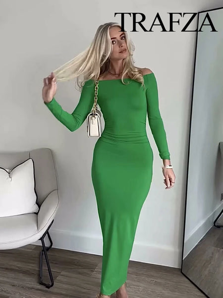 Slim Ankle-Length Solid Slash Neck Off Shoulders Long Sleeve Women's Sheath Long Dress