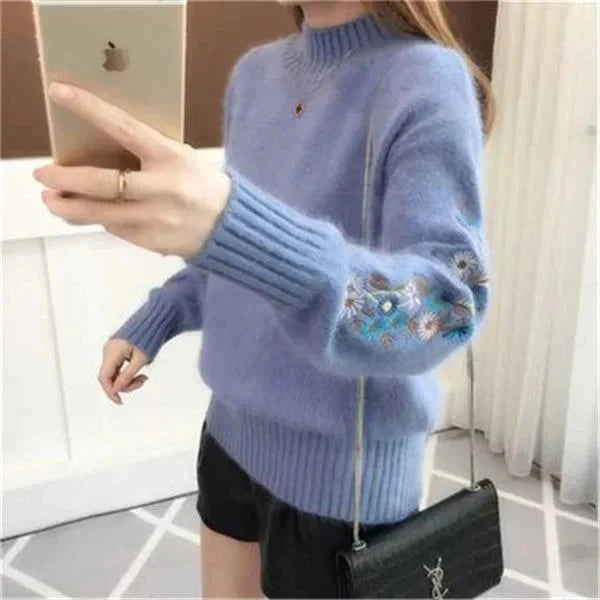 Women Knitted Sweater Floral Embroidery Thick Sweater Pullover New Long Sleeve