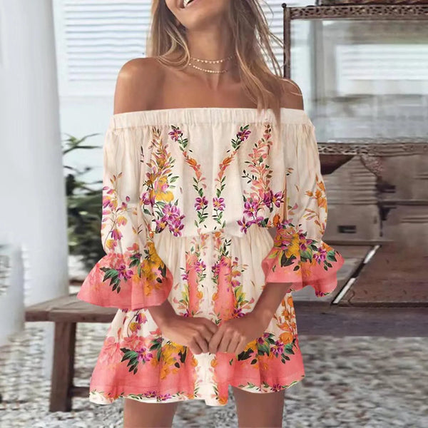 Dress for Women Sexy Off Shoulder Floral Print Flare Sleeve Tunic Dress Women Casual Mini