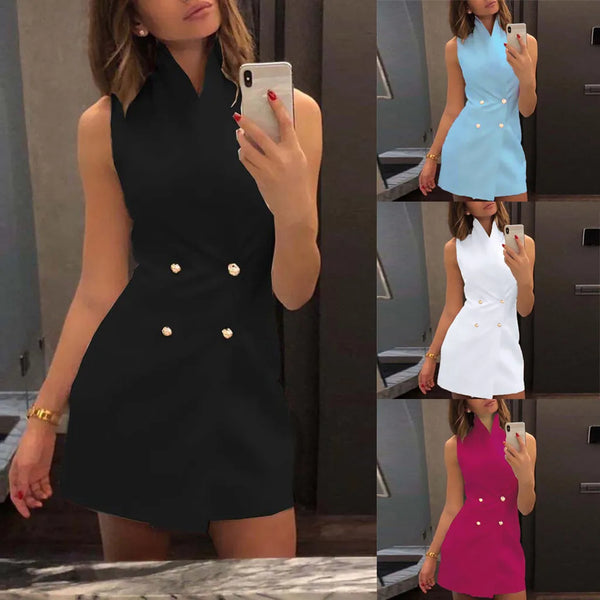 Women Short Bodycon Collar Blazer Double Breasted Sleeveless Dress Fashion Lady Summer Solid Dresses Mini High Waist Work Office