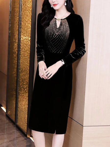 Black Velvet Sequins V-Neck Long Dress Women Luxury Elegant Dance Party Korean Vintage Evening Dress