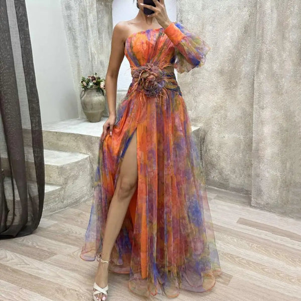 Formal Evening Elegant One Shoulder Tie-dye Ball Gown with Mesh Bubble Sleeve Split Hem Women's Evening Dress