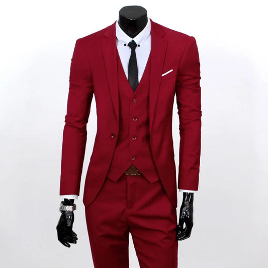 3 Pcs/Set Business Blazer +Vest +Pants Suit Solid Color Formal Suit