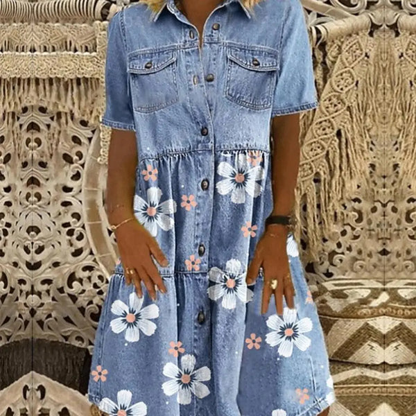 Distressed Denim Dress Knee-length Women Dress Buttons Breathable Turn Down Collar Floral Print Buttons Dress