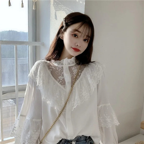 Elegant Ruffled Lace Blouse Women Stand Collar Embroidery White Shirt Long Sleeve Vintage Blouse