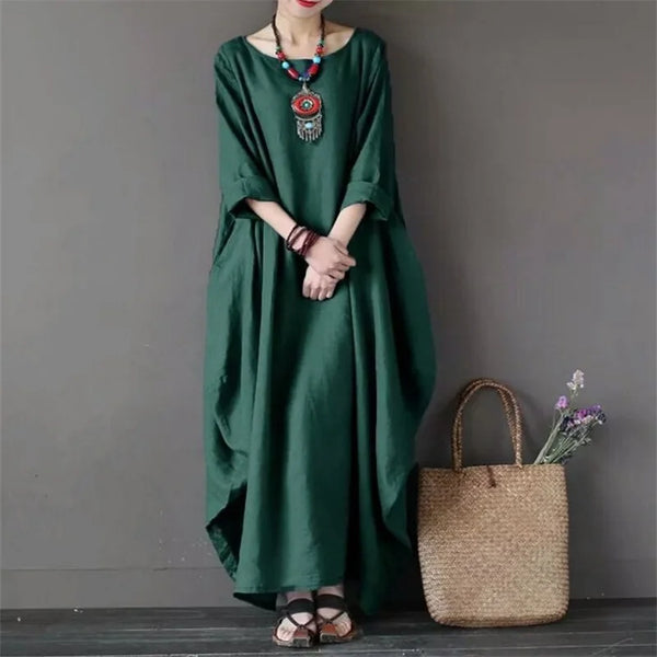 New Loose Size Round Neck Mid-Sleeve Large Swing Cotton And Linen Long Dress