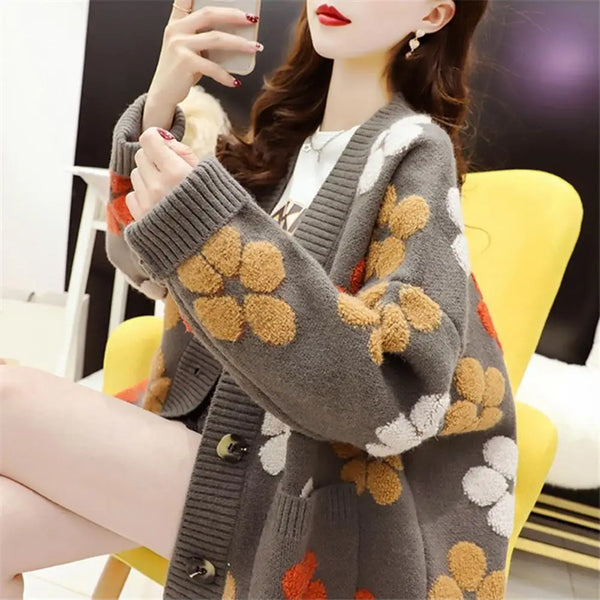 Floral Jacquard Sweater Coat Stylish Women's V-neck Jacquard Sweater Coat with Floral Design Long Sleeves Ribbed Trim for Autumn