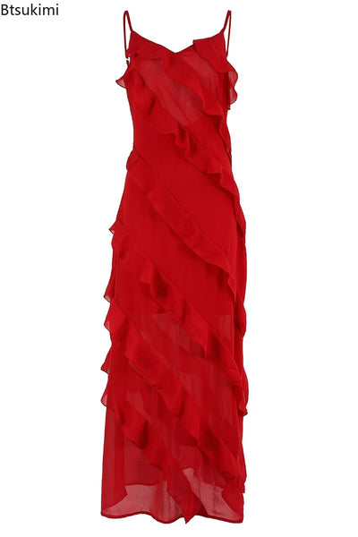 Women's Ruffles Chiffon Maxi Dress Backless Split Sexy Prom Red Long Wedding Party Dress Elegant