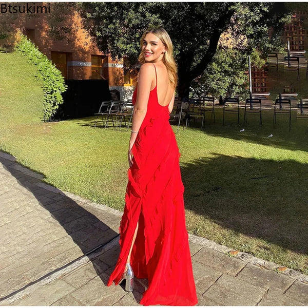 Women's Ruffles Chiffon Maxi Dress Backless Split Sexy Prom Red Long Wedding Party Dress Elegant