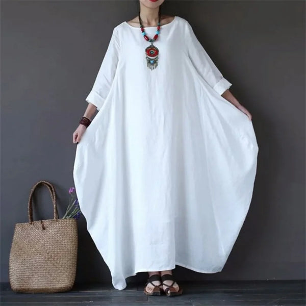 New Loose Size Round Neck Mid-Sleeve Large Swing Cotton And Linen Long Dress