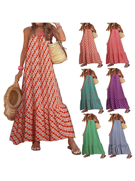 Women Casual Loose Long Beach Vintage Striped Print Patchwork Dress Female Elegant Sleeveless Strap Dress