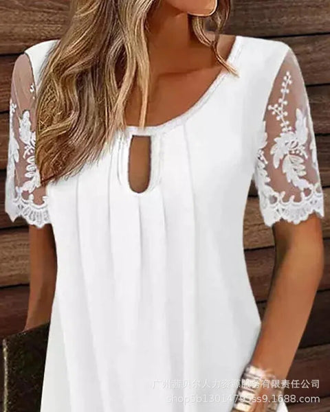 Crochet Lace Casual Dress Keyhole Neck New Summer Women Short Sleeve Dress White Dresses Floral High Waist