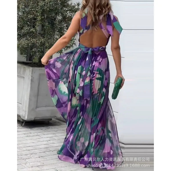 Summer Autumn Floral Print Pleated Slit Dress Women's Fashion Backless Sleeveless V-neck High Waist Dress