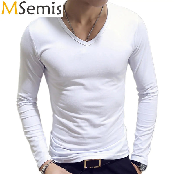 Mens Clothing Fashion V Neck Slim Fit T-shirt Long Sleeve Simple Classic Style Undershirt Casual Solid Color Tees Tops