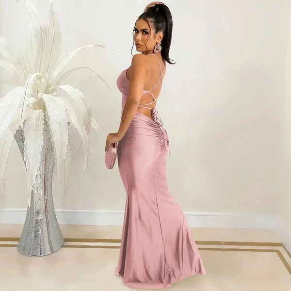 New Lace Up Solid Satin Maxi Backless Bodycon Sexy Streetwear Party Elegant Festival Evening Summer Long Dress