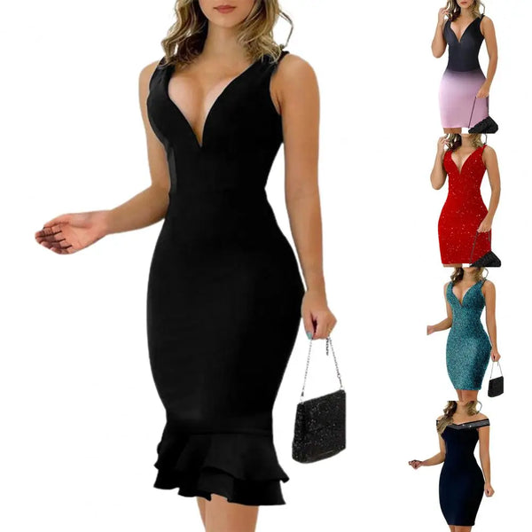 Backless Skinny Back Split Bodycon Elegant Patchwork Glitter Sleeveless Mini Dress