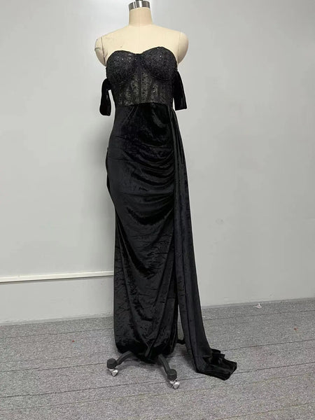 Sexy Backless Evening Party Black Lace Chest Wrapping Off the Shoulder Split Mermaid Prom Gown Maxi Dress