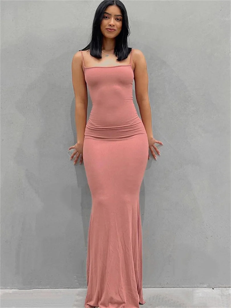wsevypo Spaghetti Strap Bodycon Long Dress Women Sleeveless Wrapped Fish Tail Dress Solid Color Club Streetwear