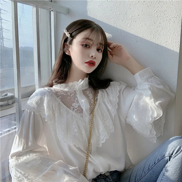 Elegant Ruffled Lace Blouse Women Stand Collar Embroidery White Shirt Long Sleeve Vintage Blouse