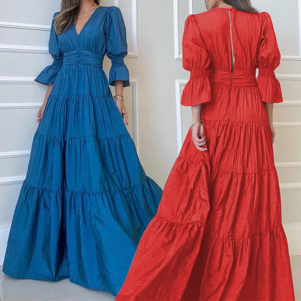 Fashion V-Neck Bubble Sleeve Long Dress