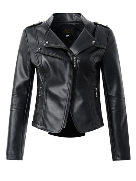 Casual PU Leather Jacket Women Classic Zipper Short Motorcycle Jacket Basic Leather Coat Black