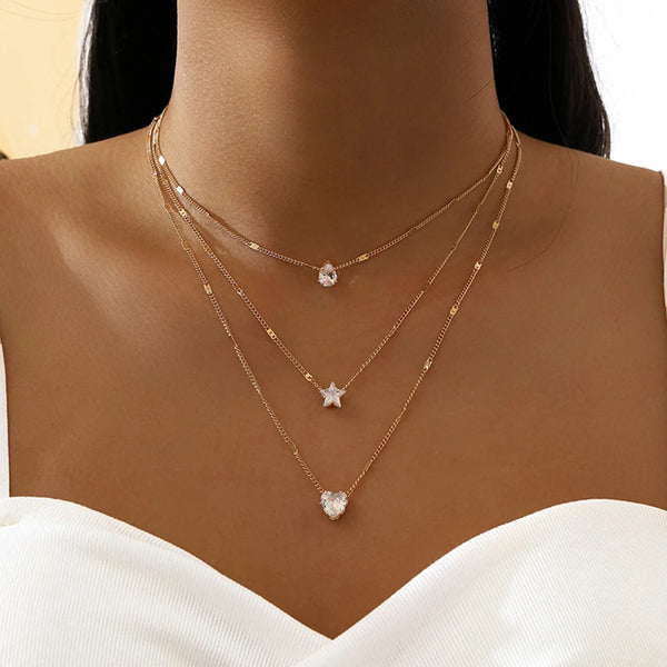 New Fashion Crystal Zircon Heart Star Charm Multilayered Pendant Necklace Square Rhinestone Jewelry