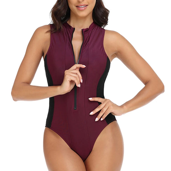 One Piece Sports Swimsuit Women Bodysuit Swimwear with Zipper Female Solid Beach Bathing Suit