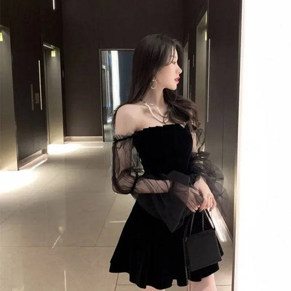 Black Retro Lace Chiffon Mini High Street Sexy Korean Fashion Women Club Dress