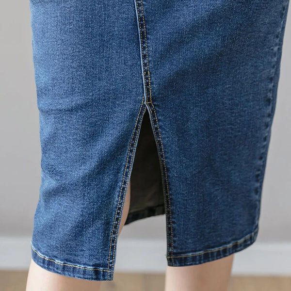 Fashion Split Denim Skirt Woman Korean Style High Waist Button Blue Midi Skirt Women Elegant Office A-Line Skirts