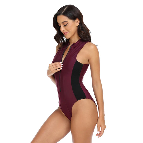 One Piece Sports Swimsuit Women Bodysuit Swimwear with Zipper Female Solid Beach Bathing Suit