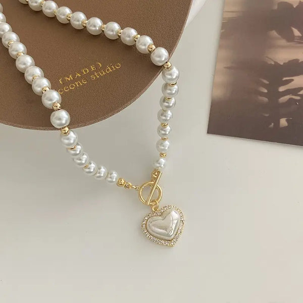 Elegant Pearl Necklace For Women Heart Pendant Luxury Imitation Pearls Chain Necklace Korean Jewelry Gifts