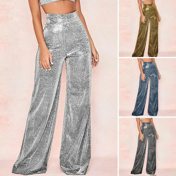 Women Pants Shiny Solid Color High Waist Ladies Pants Temperament Loose Straight Wide Leg Trousers For Daily Wear