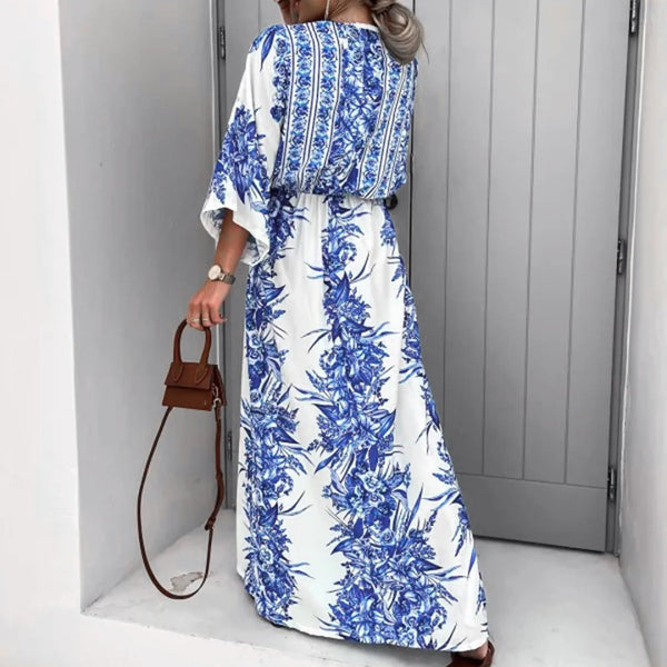 Deep V Neck Waist Drawstring Long Dress Women Spring Pattern Print Vintage Maxi Summer Short Sleeve Loose Beach Dress