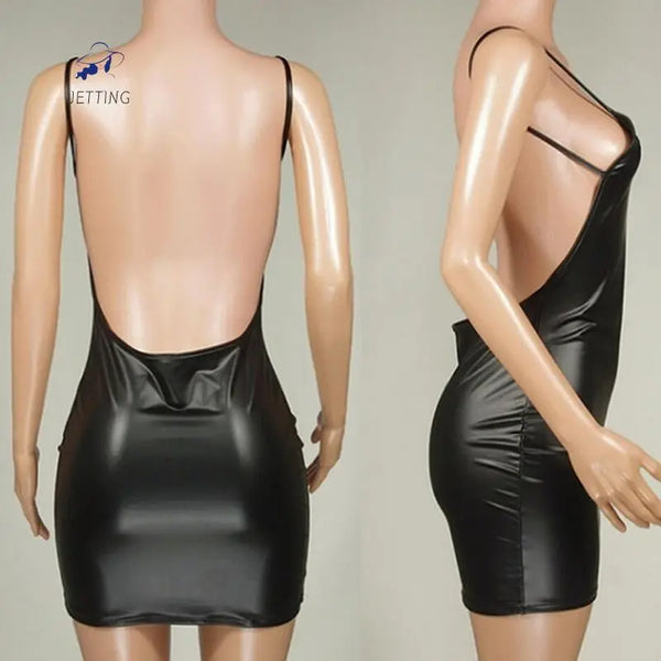 Sexy Faux Leather Dress Backless Club Party Short Dress Solid Black Wet Look Latex Bodycon Push Up Bra Mini Micro Dress