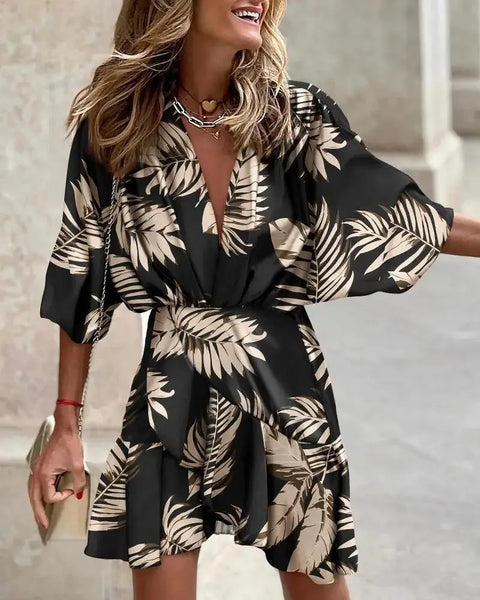 Bat Sleeves Sexy V-Neck Hem Irregular Printed Fashion Loose 5/4 Sleeve Mini Dress