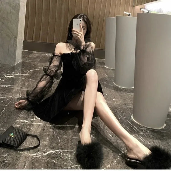 Black Retro Lace Chiffon Mini High Street Sexy Korean Fashion Women Club Dress